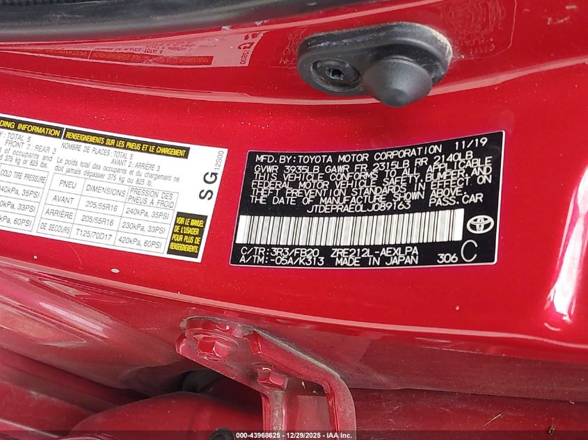 2020 Toyota Corolla Le VIN: JTDEPRAE0LJ089163 Lot: 43968625