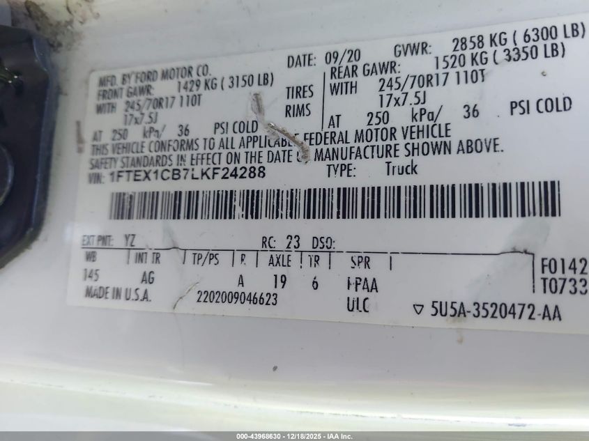 2020 Ford F-150 Xl VIN: 1FTEX1CB7LKF24288 Lot: 43968630