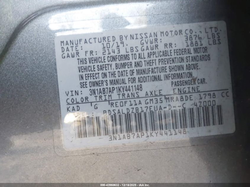 2019 Nissan Sentra Sv VIN: 3N1AB7AP1KY441148 Lot: 43968632