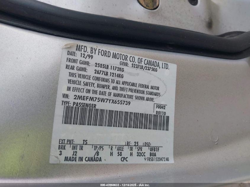 2000 Mercury Grand Marquis Ls VIN: 2MEFM75W7YX655739 Lot: 43968633