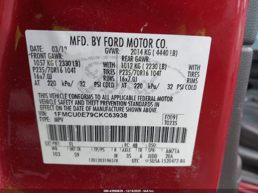 2012 Ford Escape Limited VIN: 1FMCU0E79CKC63938 Lot: 43968636