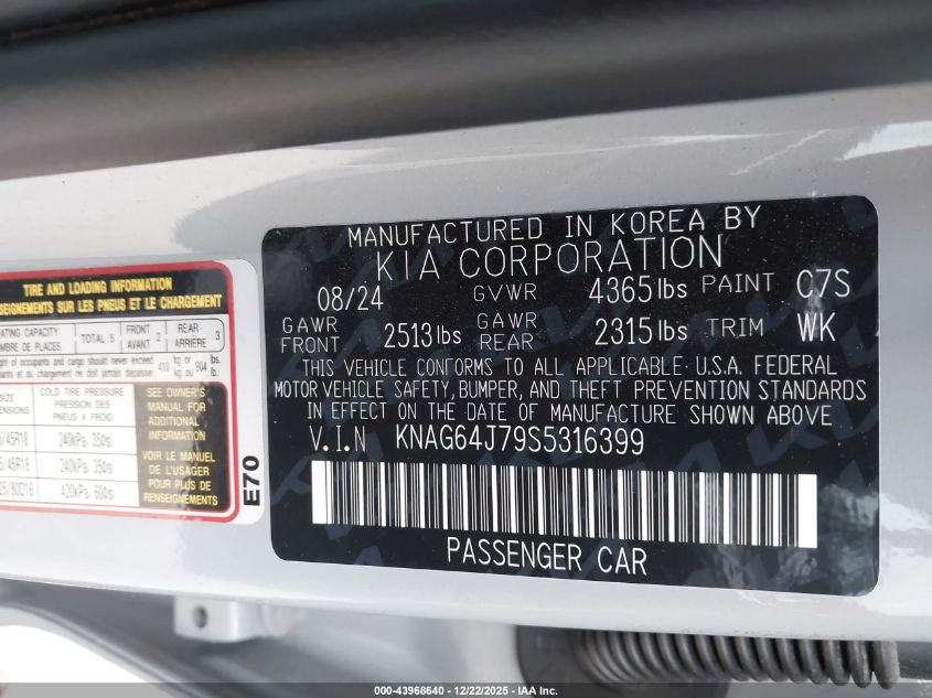 2025 Kia K5 Gt-Line VIN: KNAG64J79S5316399 Lot: 43968640