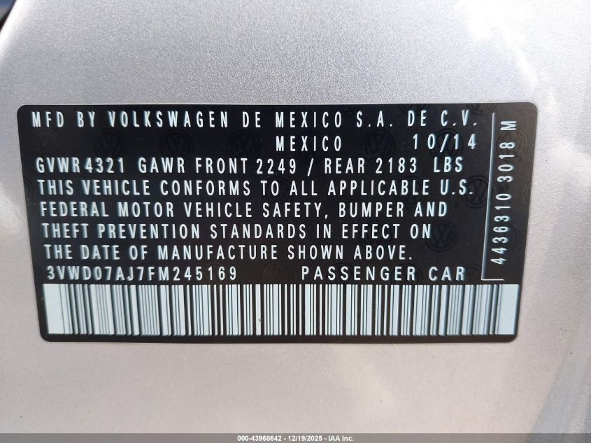 2015 Volkswagen Jetta 1.8T Se VIN: 3VWD07AJ7FM245169 Lot: 43968642