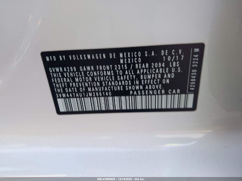 2018 Volkswagen Golf Gti 2.0T Autobahn/2.0T S/2.0T Se VIN: 3VW447AU1JM266140 Lot: 43968650