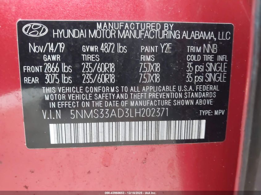 2020 Hyundai Santa Fe Sel VIN: 5NMS33AD3LH202371 Lot: 43968653