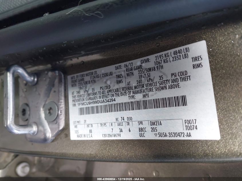 2013 Ford Escape Sel VIN: 1FMCU9H99DUA34294 Lot: 43968654