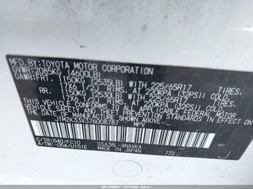 2007 Toyota Rav4 Base V6 VIN: JTMZK33V376008787 Lot: 43968657