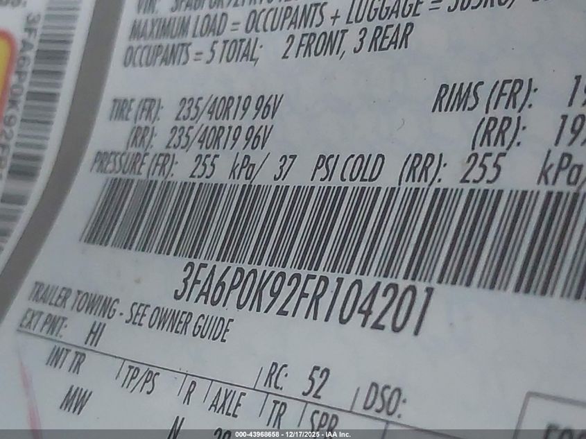 2015 Ford Fusion Titanium VIN: 3FA6P0K92FR104201 Lot: 43968658