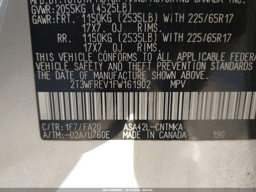 2015 Toyota Rav4 Xle VIN: 2T3WFREV1FW161902 Lot: 43968660