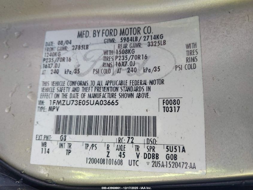 2005 Ford Explorer Xlt/Xlt Sport/Nbx VIN: 1FMZU73E05UA03665 Lot: 43968661
