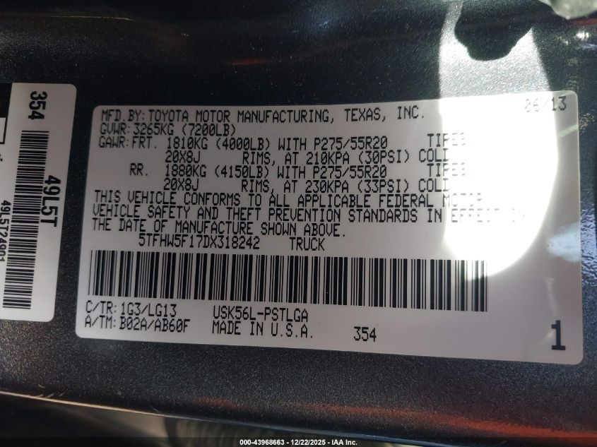 2013 Toyota Tundra Platinum 5.7L V8 VIN: 5TFHW5F17DX318242 Lot: 43968663