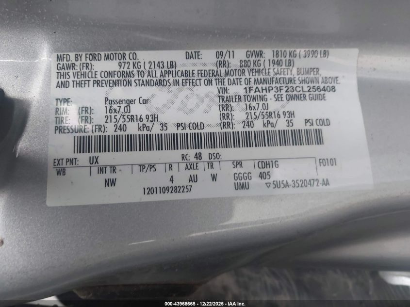 2012 Ford Focus Se VIN: 1FAHP3F23CL256408 Lot: 43968665