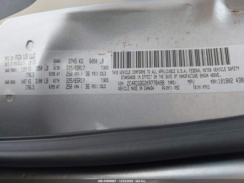 2019 Dodge Grand Caravan Se VIN: 2C4RDGBG2KR778498 Lot: 43968667