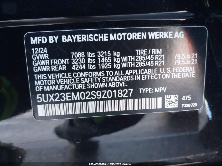 2025 BMW X7 xDrive40I VIN: 5UX23EM02S9Z0182 Lot: 43968670