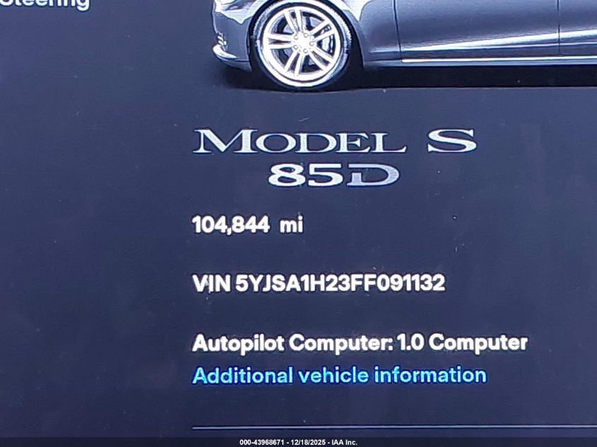 2015 Tesla Model S 70D/85D/P85D VIN: 5YJSA1H23FF091132 Lot: 43968671