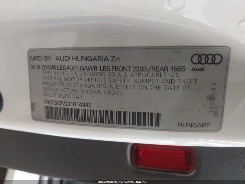 2018 Audi Tt 2.0T VIN: TRUT5CFV2J1014342 Lot: 43968673