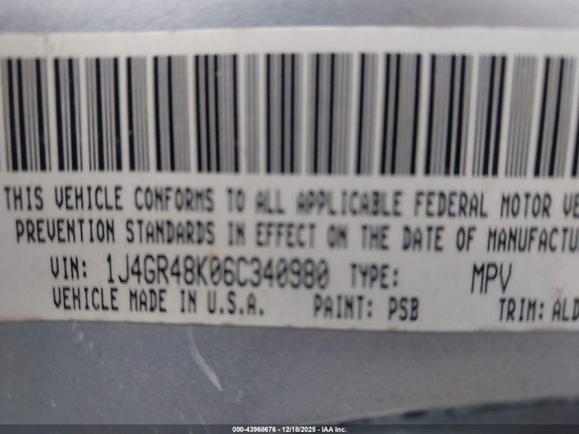 2006 Jeep Grand Cherokee Laredo VIN: 1J4GR48K06C340980 Lot: 43968676