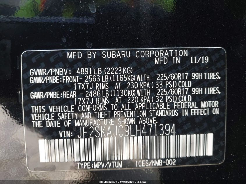 2020 Subaru Forester Premium VIN: JF2SKAJC9LH471394 Lot: 43968677
