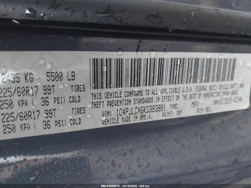 2019 Jeep Cherokee Latitude Fwd VIN: 1C4PJLCX6KD383881 Lot: 43968678