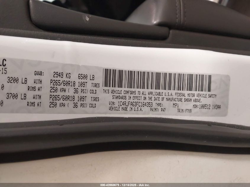 2015 Jeep Grand Cherokee Laredo VIN: 1C4RJFAG3FC164353 Lot: 43968679