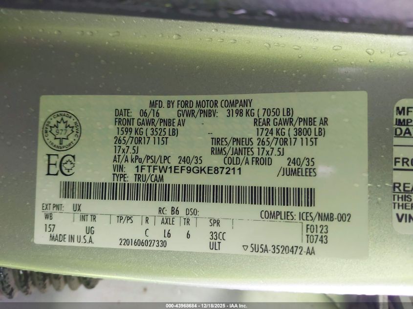 2016 Ford F-150 Xlt VIN: 1FTFW1EF9GKE87211 Lot: 43968684