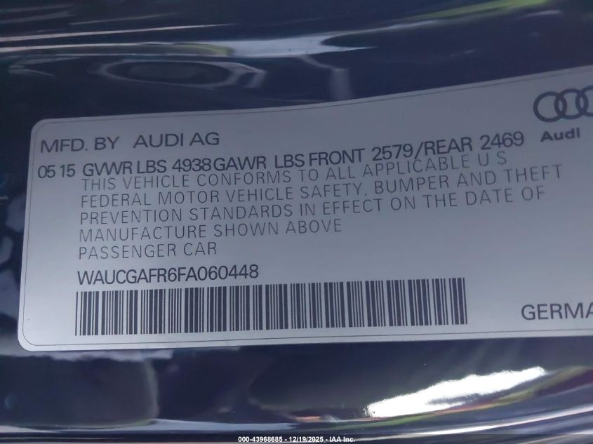 2015 Audi S5 3.0T Premium Plus VIN: WAUCGAFR6FA060448 Lot: 43968685