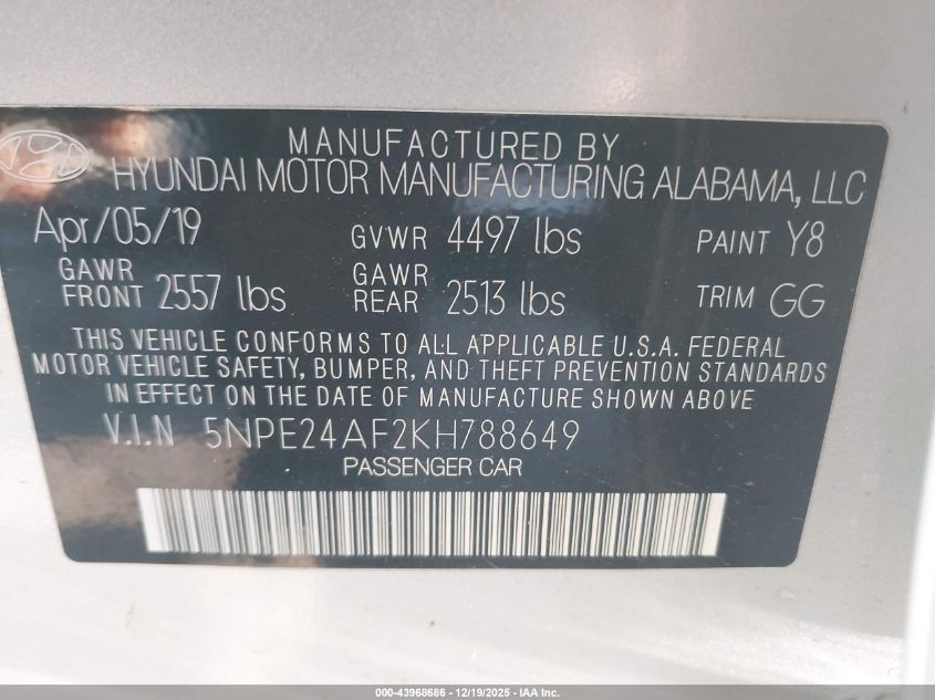 2019 Hyundai Sonata Se VIN: 5NPE24AF2KH788649 Lot: 43968686