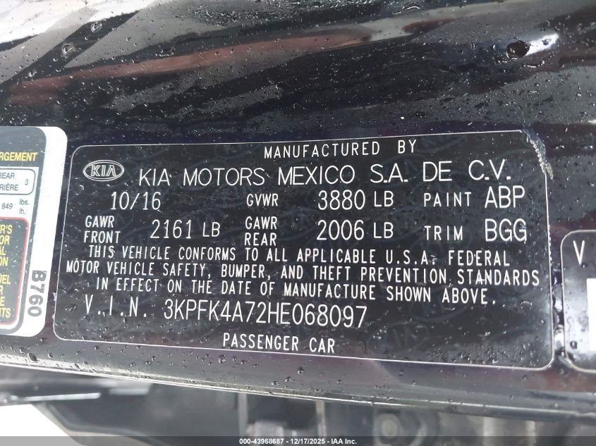 2017 Kia Forte Lx VIN: 3KPFK4A72HE068097 Lot: 43968687