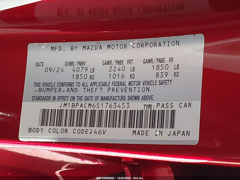 2025 Mazda Mazda3 2.5 S Preferred VIN: JM1BPACM6S1763453 Lot: 43968692