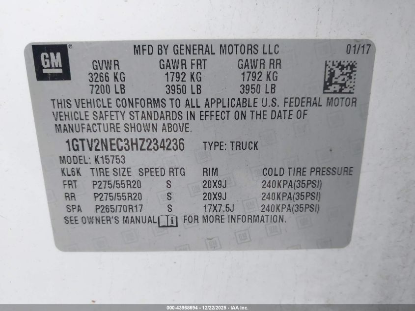 2017 GMC Sierra 1500 Slt VIN: 1GTV2NEC3HZ234236 Lot: 43968694