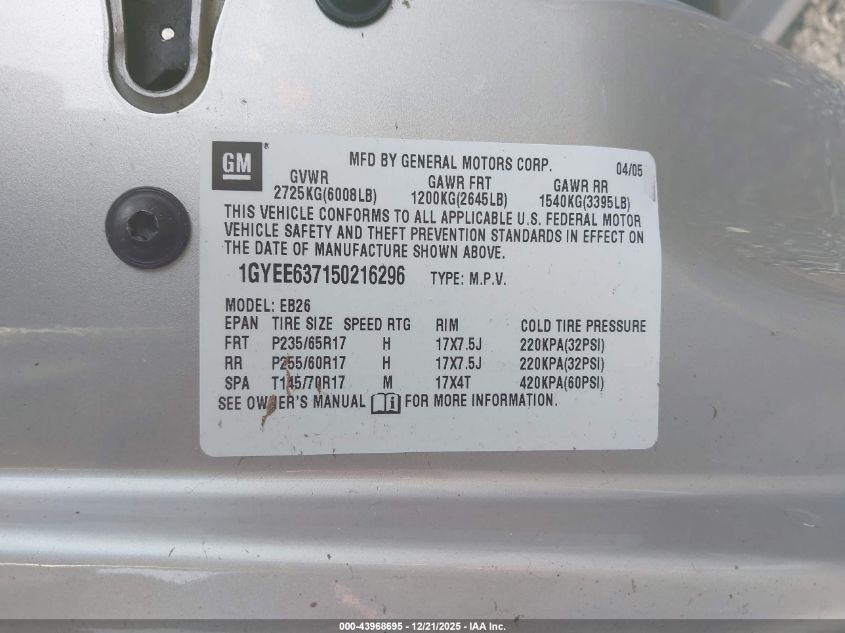 2005 Cadillac Srx V6 VIN: 1GYEE637150216296 Lot: 43968695