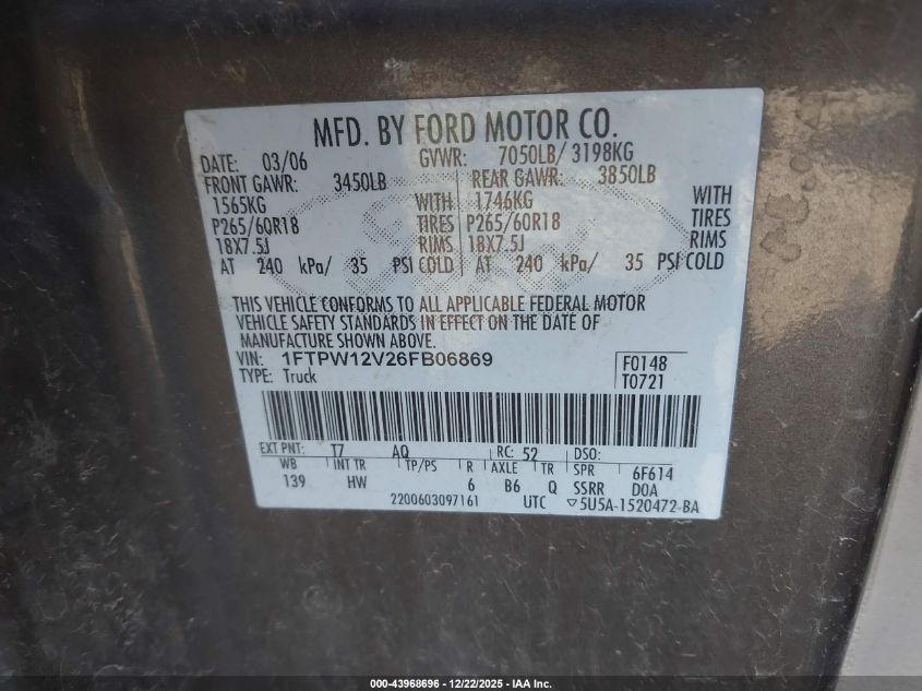 2006 Ford F-150 Lariat/Xlt VIN: 1FTPW12V26FB06869 Lot: 43968696
