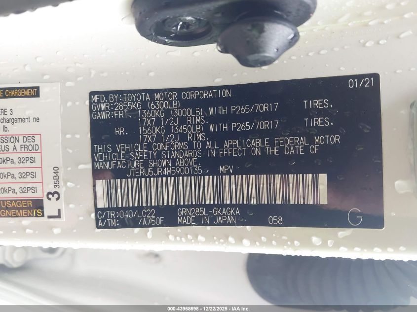 2021 Toyota 4Runner Trd Off Road Premium VIN: JTERU5JR4M5900135 Lot: 43968698