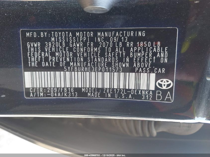 2014 Toyota Corolla Le Plus VIN: 5YFBURHE3EP011573 Lot: 43968701