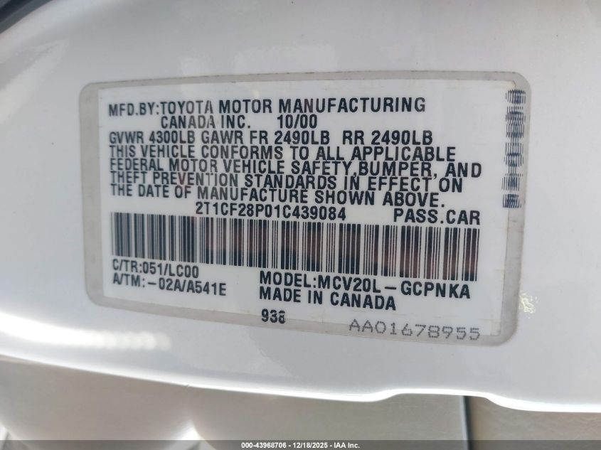 2001 Toyota Camry Solara Sle V6 VIN: 2T1CF28P01C439084 Lot: 43968706