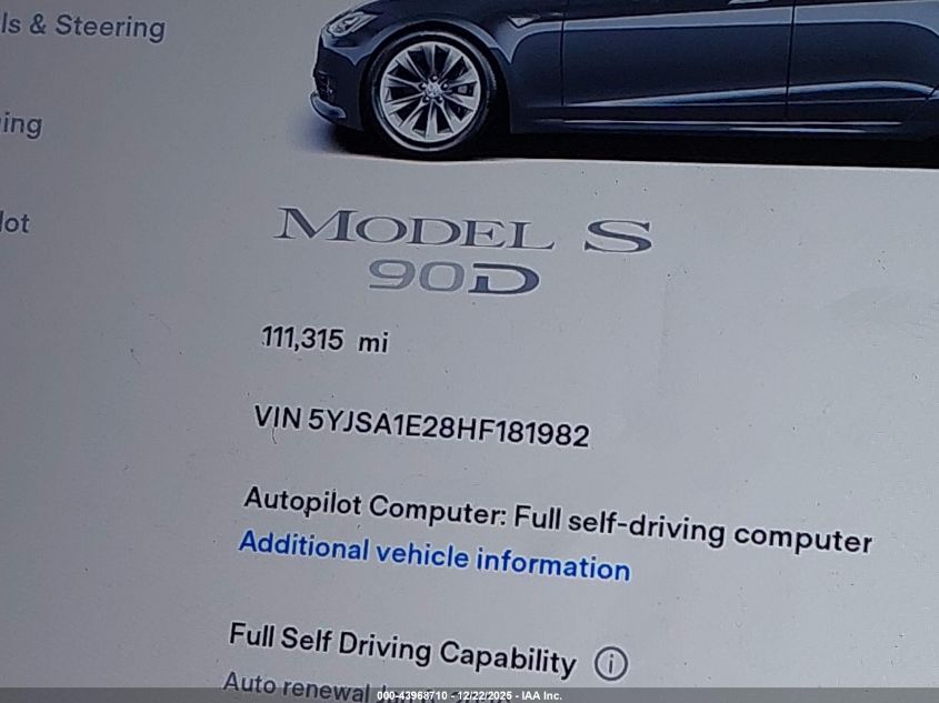 2017 Tesla Model S 100D/60D/75D/90D/P100D VIN: 5YJSA1E28HF181982 Lot: 43968710