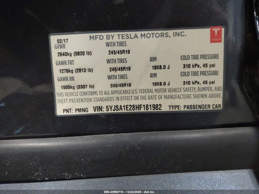 2017 Tesla Model S 100D/60D/75D/90D/P100D VIN: 5YJSA1E28HF181982 Lot: 43968710