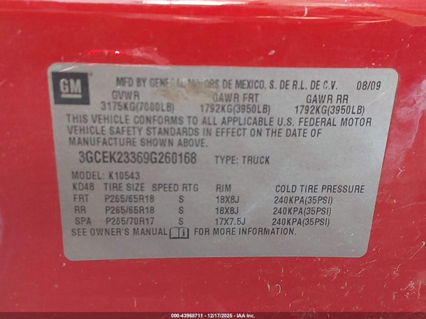 2009 Chevrolet Silverado 1500 Lt VIN: 3GCEK23369G260168 Lot: 43968711