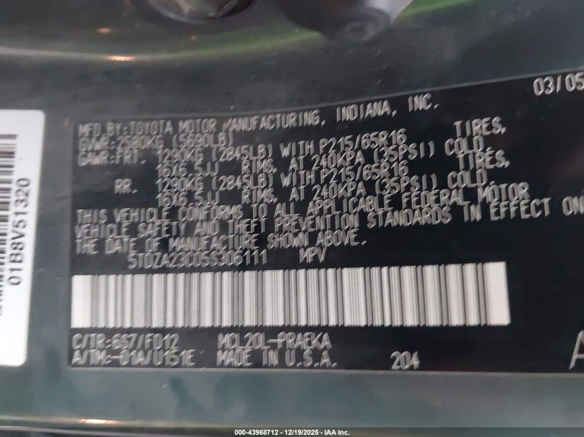 2005 Toyota Sienna Ce VIN: 5TDZA23C05S306111 Lot: 43968712