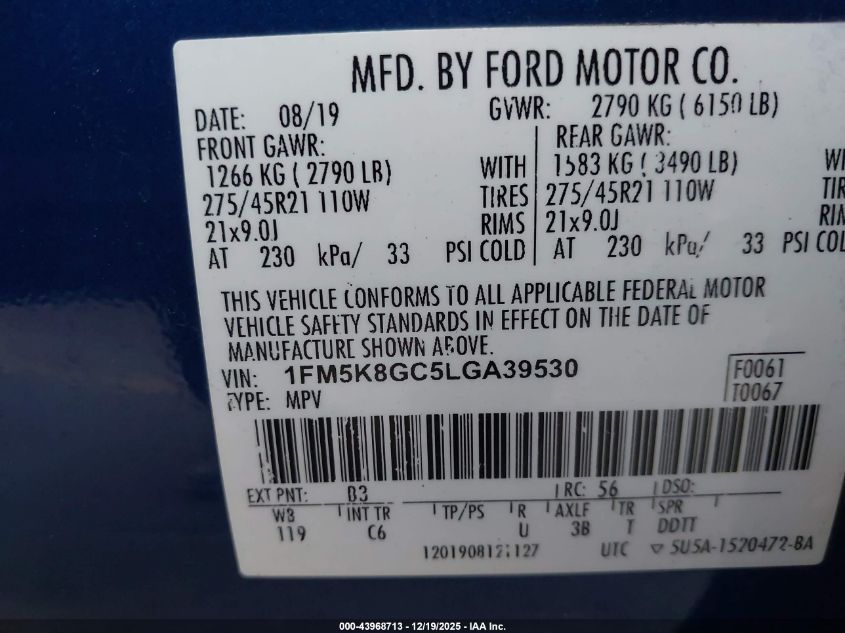 2020 Ford Explorer St VIN: 1FM5K8GC5LGA39530 Lot: 43968713