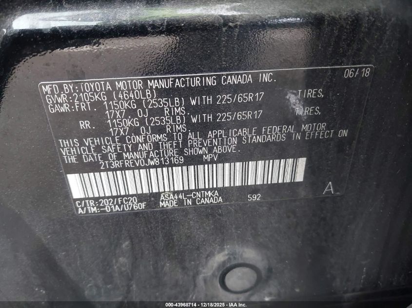 2018 Toyota Rav4 Xle VIN: 2T3RFREV0JW813169 Lot: 43968714