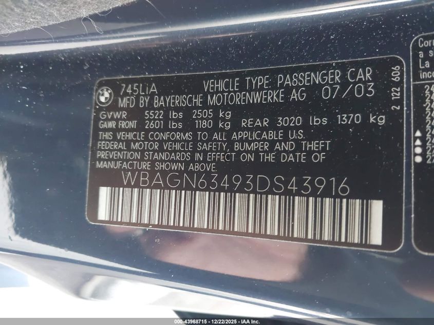 2003 BMW 745Li VIN: WBAGN63493DS43916 Lot: 43968715