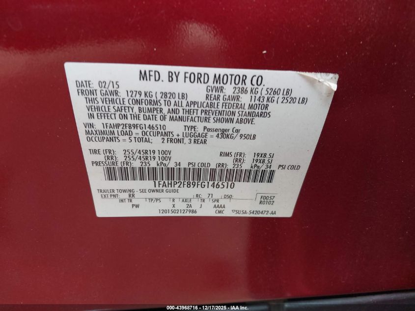 2015 Ford Taurus Limited VIN: 1FAHP2F89FG146510 Lot: 43968716