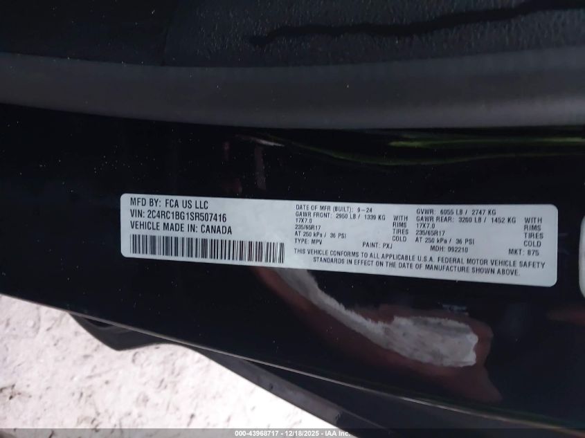 2025 Chrysler Pacifica Select VIN: 2C4RC1BG1SR507416 Lot: 43968717