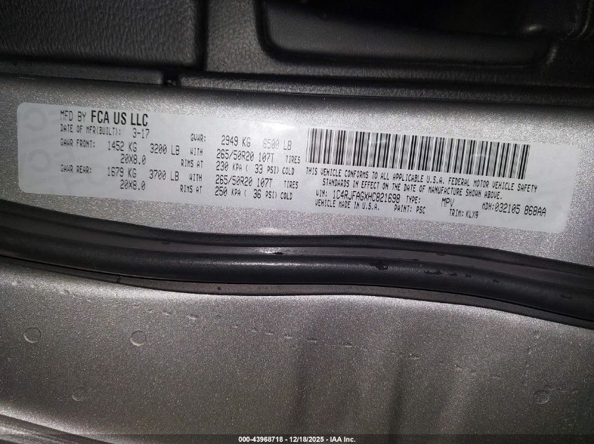 2017 Jeep Grand Cherokee Altitude 4X4 VIN: 1C4RJFAGXHC821698 Lot: 43968718