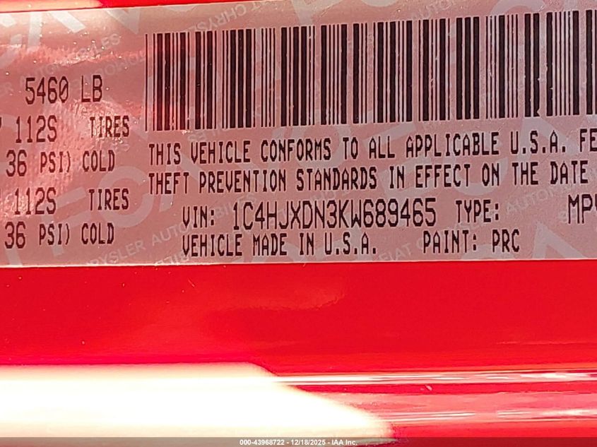 2019 Jeep Wrangler Unlimited Sport S 4X4 VIN: 1C4HJXDN3KW689465 Lot: 43968722