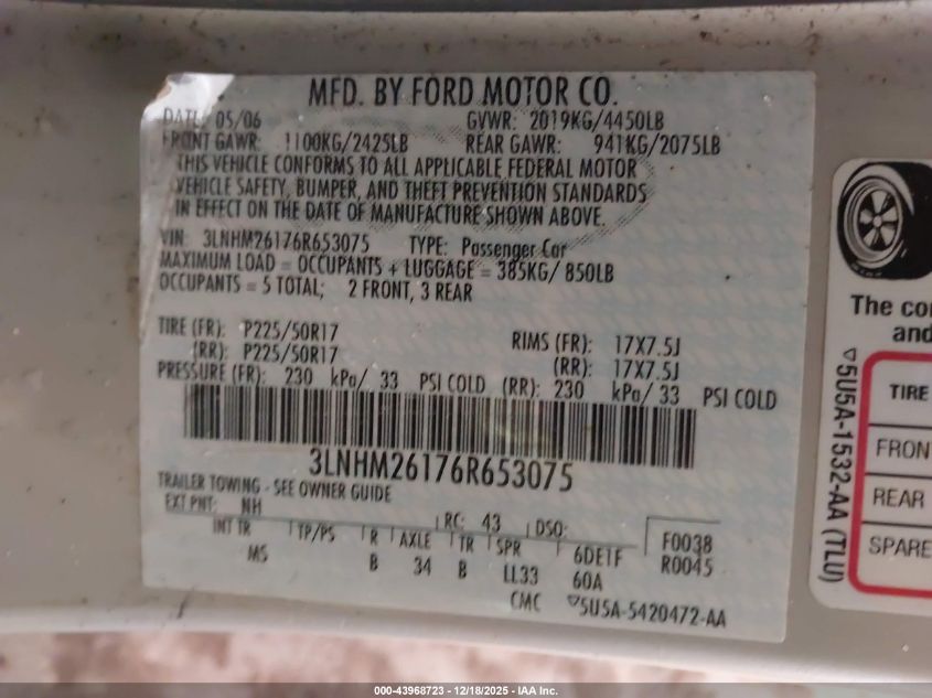 2006 Lincoln Zephyr VIN: 3LNHM26176R653075 Lot: 43968723