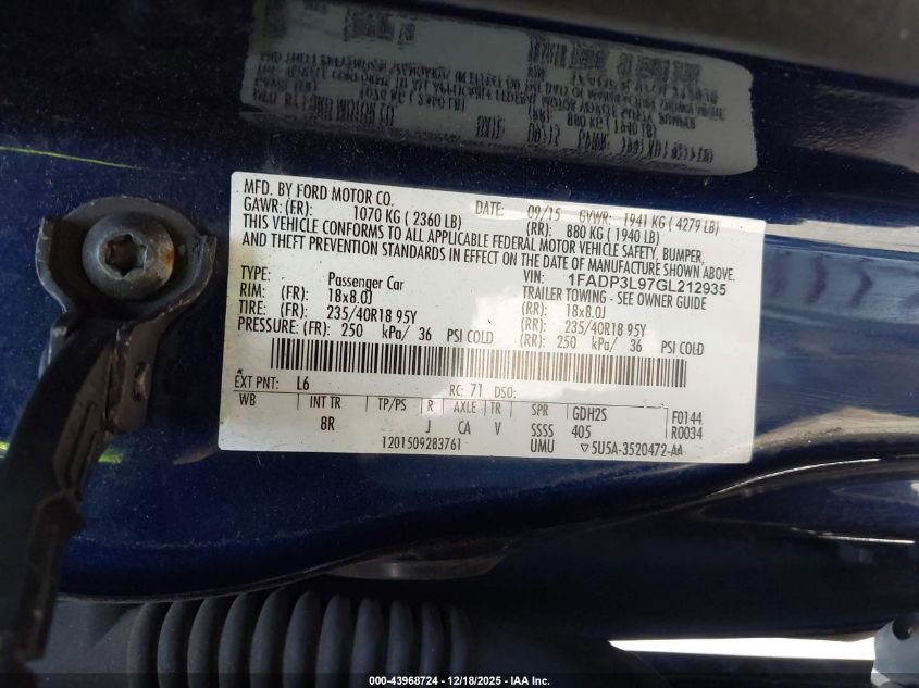 2016 Ford Focus St VIN: 1FADP3L97GL212935 Lot: 43968724