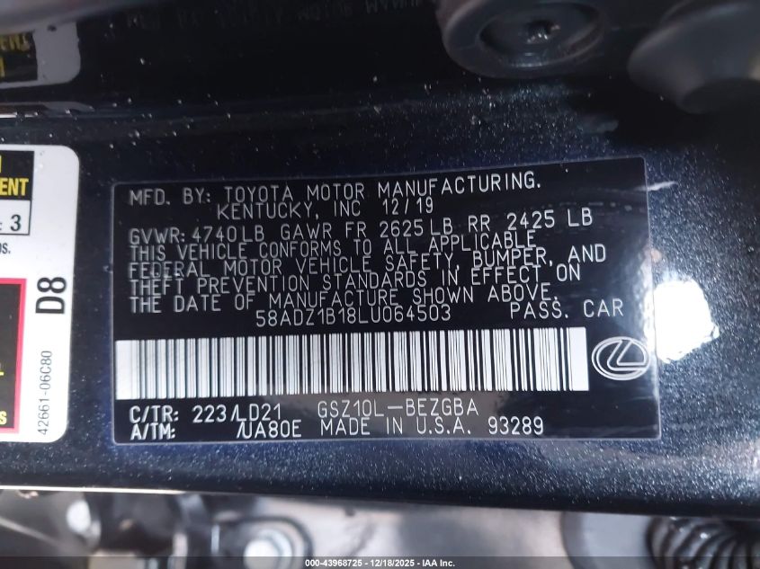 2020 Lexus Es 350 VIN: 58ADZ1B18LU064503 Lot: 43968725