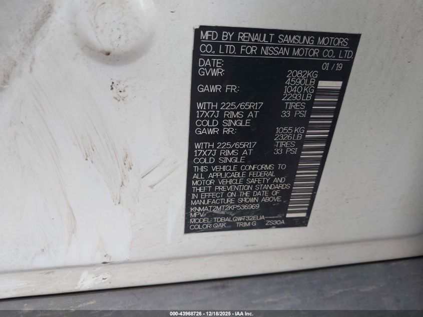 2019 Nissan Rogue Sv VIN: KNMAT2MT2KP536969 Lot: 43968726